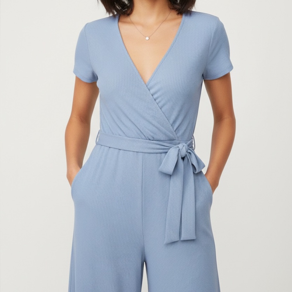 FRNCH ‘Something Blue’ Ribbed Wrap Jumpsuit with Belt - EUC Like New! Size Small